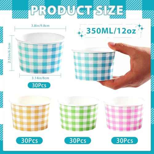 Greencian 120Pcs 12oz Gingham Ice Cream Cups for Hot or Cold Food Birthday