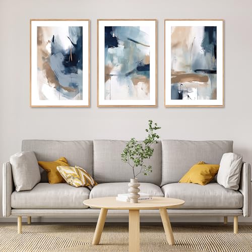 Large Abstract Navy Blue Framed Canvas Wall Art (3 Count)