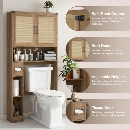Over The Toilet Storage Cabinet with 2 Rattan Barn Doors