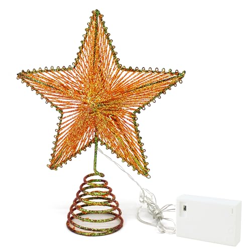 Champagne Gold Glittered 3D Tree Top Star with Warm White LED Lights and Timer for Christmas Tree Topper Decoration and Holiday Seasonal Décor
