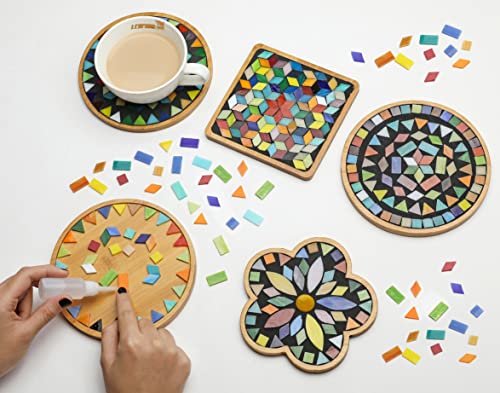 2 Sets of DIY Mosaic Craft Kits Mosaic Tiles Coaster Kit Make Your Own Mosaic Project Handmade Craft Set with Stained Glass Mosaic Tile Pieces for Decoration and Gift (12 Count)