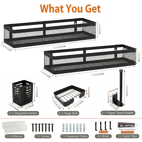 5-in-1 16.5" Extra Long Slim Wall Mount Wrapped Mesh Kitchen Organizer & Shower Caddy Kit, with Paper Towel Holder, Utensil Holder, Soap Dish, Holds 50LBS - Matte Black, Netting