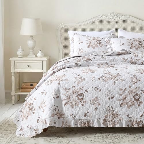 Khaki Ruffled Quilt Queen Size with 2 Pillow Shams
