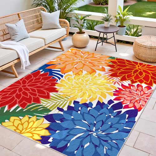 Outdoor Area Rug Washable Multicolored Patio Rug Tropical Botanical Modern Floral Outdoor Carpet Non (80 Sq Ft)