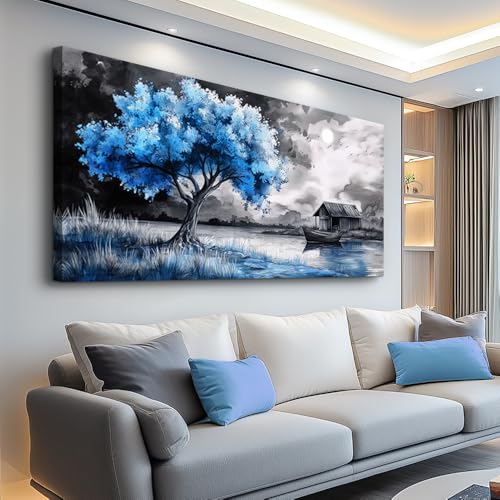 Large Wall Art For Living Room Blue Wall Decor For Bedroom Black White And Blue Trees Wall Pictures Restaurant Office Frame Printing Canvas Large Artwork Modern Home Decoration 30x60 in