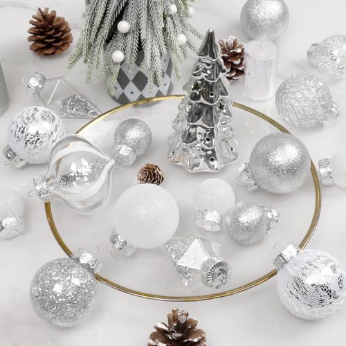 34PCS Silver White Christmas Ball Ornaments Set for Tree Decor (34 Count)