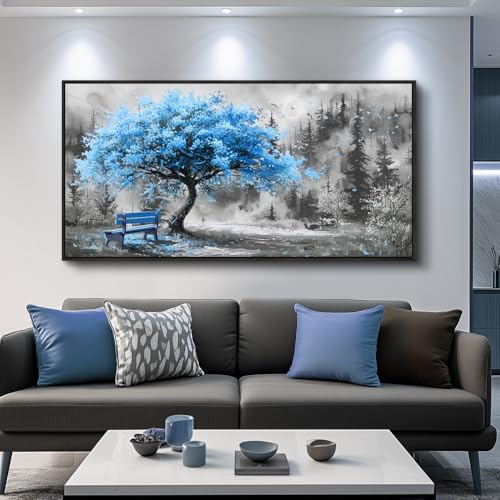Black Framed Canvas Wall Art For Living Room Wall Decor For Bedroom Office Wall Decoration Blue Tree Landscape Painting Black And White Picture Artwork Room Aesthetic Home Decor 20x40 In