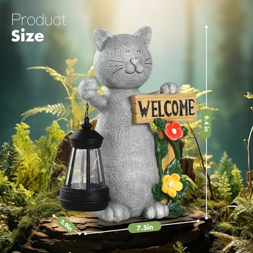 Garden Statue Solar Cat Figurine with Lantern