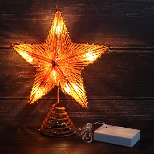 Orange Glittered 3D Tree Top Star with Warm White LED Lights and Timer for Christmas Tree Topper Decoration and Holiday Seasonal Décor