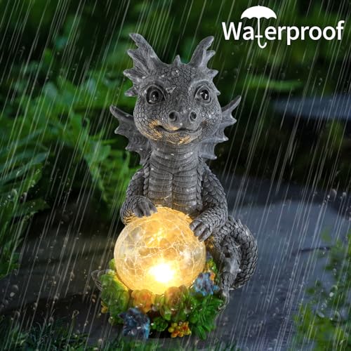 Solar Garden Outdoor Statues Dragon Holding Magic Orb with Solar LED Lights