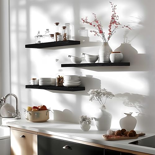 24 Inch Floating Shelves for Wall Rustic Black Wood Wall Shelves for Bedroom Set of 4 (4 Count)