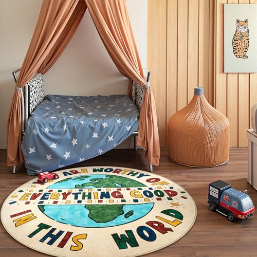 4ft Round Rug Washable Fun Rug You are Worthy Playroom Mat for Kids (12.57 Sq Ft)