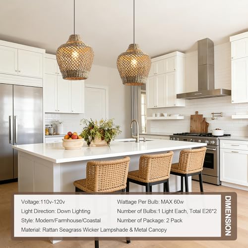Rattan Pendant Light 11.8" Seagrass Hanging Light 2 (2 Count)