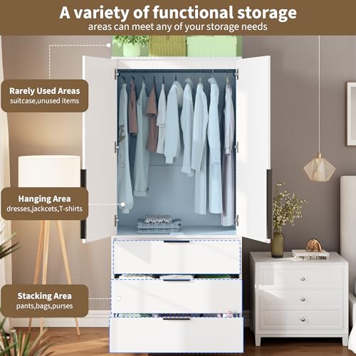 70" Wardrobe Armoire Wooden Closet with 3 Drawers