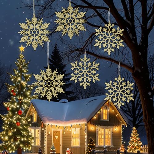 6pcs Large Gold Snowflakes Ornaments 12" Big Plastic Glitter Snowflake for Winter Indoor Outdoor Christmas Tree Window Room Decorations Giant Craft Snowflakes (6 Count)