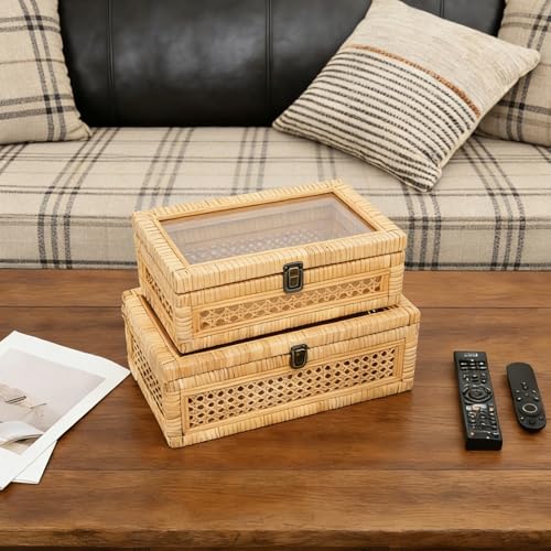 Rattan and Cane Stacking Boxes with Glass Top Lid