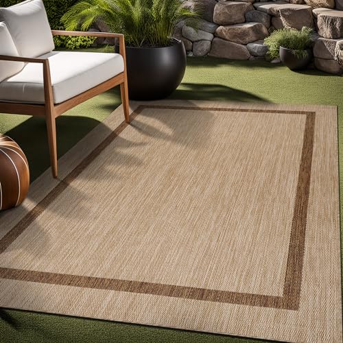 Bordered Outdoor Rug 5x7 Washable Outside Carpet for Indoor Patio Porch Waterproof Easy Cleaning Non Shedding Area Rugs Jute Beige
