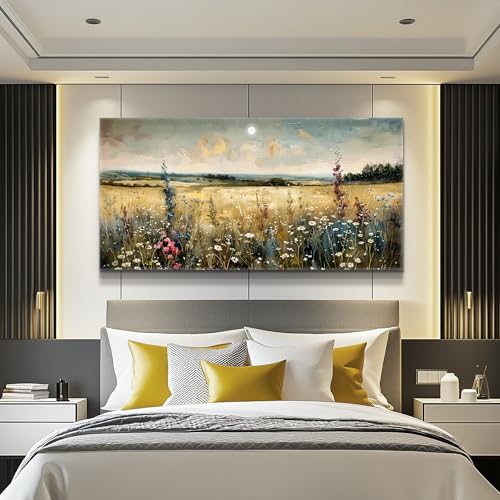 Large Vintage Natural Field Landscape Painting Home Decor Farmhouse Vintage Meadow Wildflowers Modern Printed Artwork Living Room Decor Bedroom Office Can Be Hung Directly 30 X 60 Inches