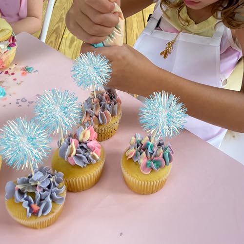 30Pcs Foil Firework Cupcake Toppers Party Birthday Cake Toppers Supplies Sparkle Tinsel Cocktail Fruit Toothpick for Birthday Wedding Graduation Party Blue (30 Count)
