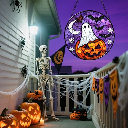 Stained Glass Window Hanging Halloween Horror Pumpkin 6.3"