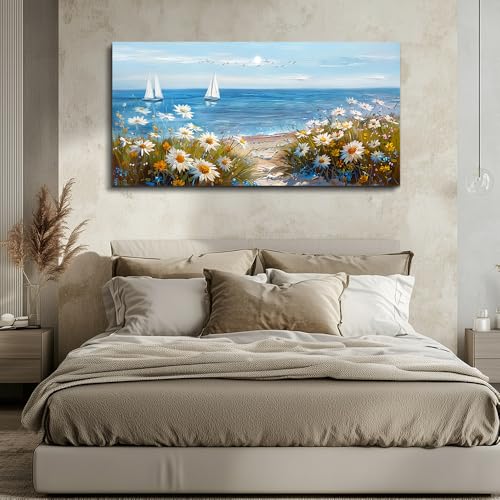 Home Decor Printing Canvas Picture Blue Ocean Landscape Painting Wall Art For Living Room Farmhouse Dinin Mural White Flowers Bedroom Office Wall Decoration Artwork Easy To Hang 20x40 In