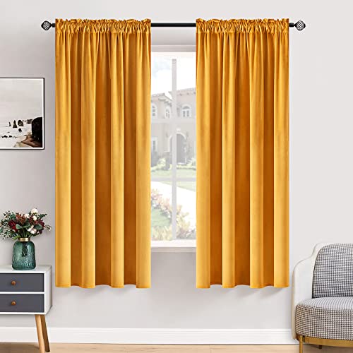 Mustard Yellow Blackout Velvet Curtains Drapes 63 Inch Long 52"x63" (2 Count)