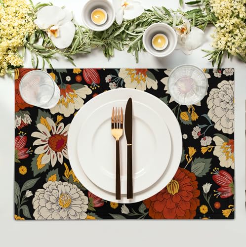 Black Boho Floral Placemats Set of 4 Spring Summer Vintage Flowers Botanical Decorative Table Mats Mid Century Modern Linen Place Mats for Party Kitchen Dining Outdoor Indoor Decor (4 Count)