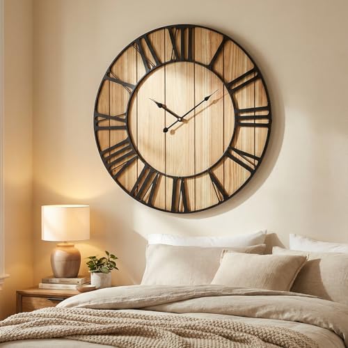 Large Farmhouse Wall Clock 24 Inch Vintage Brown Wooden Wall Clock with Quiet Ticking and Minimalist Roman Numerals for Bedroom Living Room Office Kitchen Home Decor
