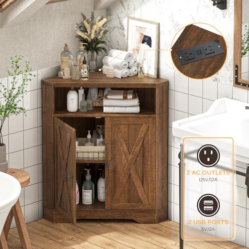 Small Corner Storage Cabinet with USB Ports and Outlets