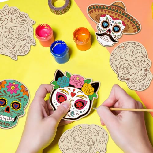80PCS Wooden Day of The Dead Skull Ornaments to Paint Dia De Los Muertos Decorations Crafts for Kids
