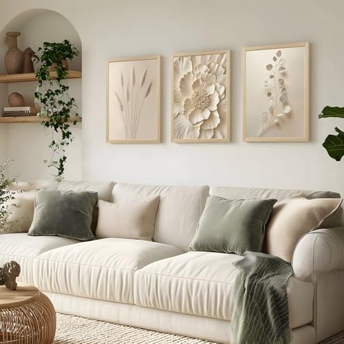 Wood Framed Neutral Beige Botanical Wall Art Set of 3 (3 Count)