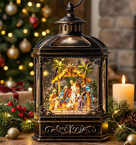 Christmas Snow Globe Swirling Glittering Nativity Scene with Music