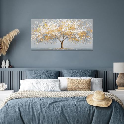 Canvas Wall Art Decor Gold Silver Tree of Life Canvas Art Wall Decor For Living Room Modern Botanical Nature Canvas Prints Elegant Metallic Leaf Tree Wall Art Decor For Bedroom Home Office Decor 20"×40"