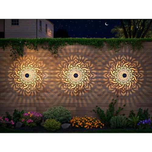 2 Pack Large Solar Fence Lights Metal Solar Powered Outdoor Wall Deck Step Lights Mandala Theme Waterproof Fence Light for Garden Post Patio Backyard Yard Decor (2 Count)