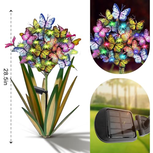 Solar Metal Agave Butterfly Flower Stick Garden Sculpture Outdoor Gift Solar Garden Christmas Lights Swaying Butterfly Garden Lights Solar Outdoor (2 Count)