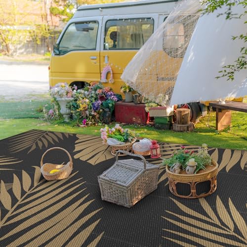 Outdoor Rug Waterproof Plastic Rugs 9'x18' for Camping Black Brown