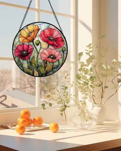 Poppy Flower Stained Glass Window Hanging Suncatcher Gifts for Women 7.8"