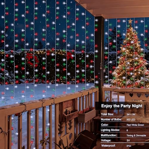 Red White and Green Christmas Curtain Lights Battery Operated (300 Count)