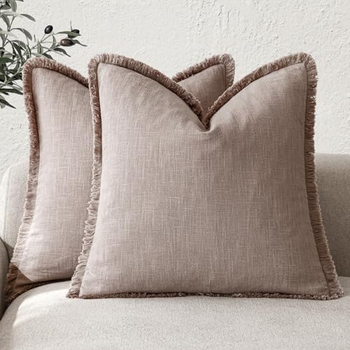 Decorative Linen Fringe Throw Pillow Covers 16×16 Dusty Pink (2 Count)