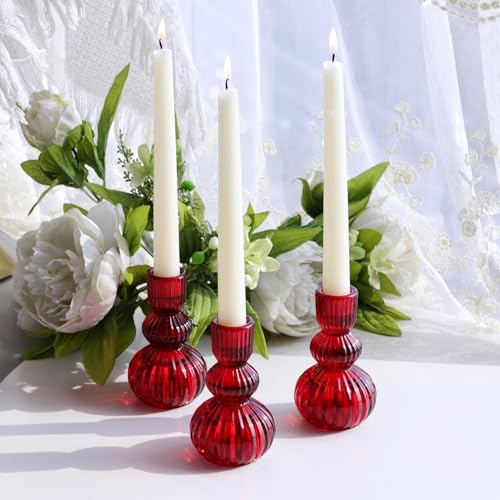 3pcs Red Taper Candle Holders Glass (3 Count)