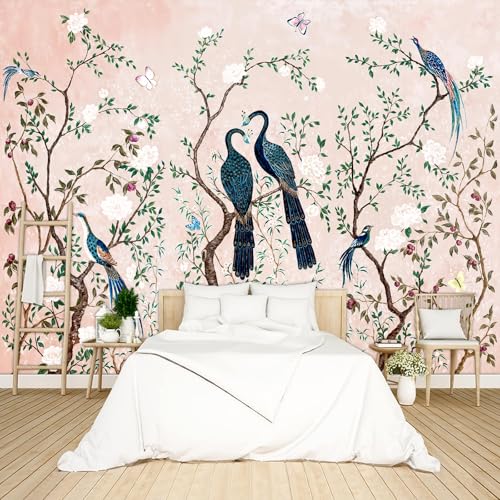 Pink Chinese Style Flowers Birds Wallpaper Peel and Stick wall Mural for Bedroom Living Room
