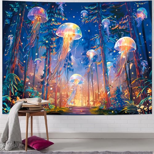 Blacklight Forest Jellyfish Tapestry UV Reactive Nature Tree Tapestry Trippy Fantasy Starry Sky Tapestries Aesthetic Jungle Plants Tapestries Wall Hanging for Bedroom