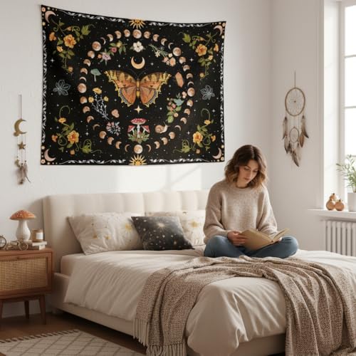 Orange Butterfly Moon Flower Tapestry Botanical Floral Plant Boho Tapestry for Bedroom Aesthetic Vintage Tapestries Wall Hanging for Living Room Dorm
