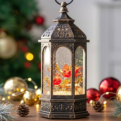 Christmas Snow Globe Lantern Water Glittering 10.5'' Cardinal with Music& Timer