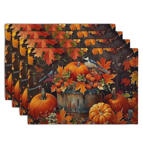 Pumpkin Maple Leaf Bird Fall Placemats Set of 4 Autumn Thanksgiving Seasonal Holiday Harvest Linen Table Mats Orange Brown Washable Place Mats for Party Kitchen Dining Outdoor Indoor Decor (4 Count)