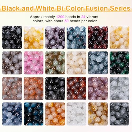 About 1200+ pcs 6mm Glass Beads Bracelet Making Kit Black and White (1200 Count)