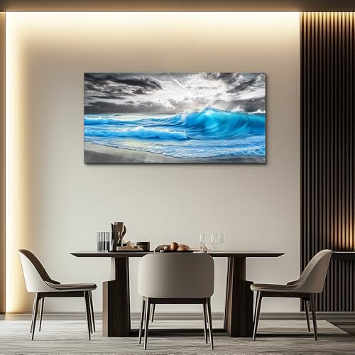Blue Sea Wave Ocean Painting Wall Art For Living Room 24x48 In