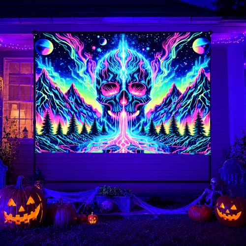 Blacklight Tapestry Skull Mountain Neon Wall Art 78 x 59 Inch