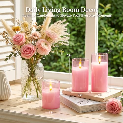 Pink Glass Flameless LED Candles Battery Operated with Remote Timer (3 Count)