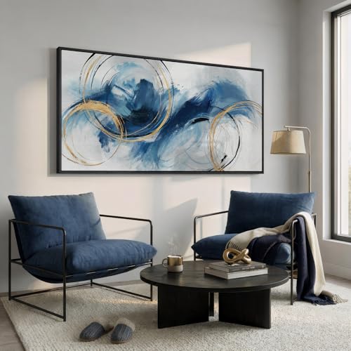 Extra Large Framed Navy Blue Abstract Wall Art for Living Room